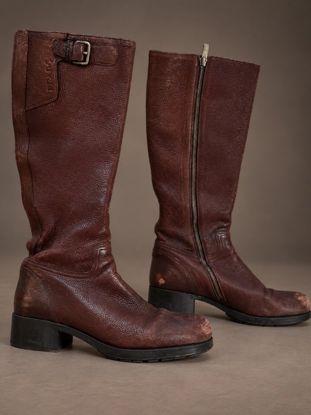 Prada Linea Rossa Knee High Boots Y2K Brown Pebbled Leather Buckle Lug Sole 35